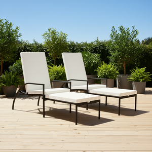 Set di 2 Lettini Prendisole con Telaio in Metallo Nero, Cuscino in Olefin e Poggiapiedi, Sedia Reclinabile da Esterno dal Design Moderno - Product Image 2