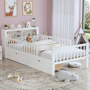 Twin <b>Size</b> Solid Wood <b>Bed</b> with Headboard Storage Rack Two Under-<b>Bed</b> Drawers Three-Side Guardrails for Safety and Security - Product Image 2