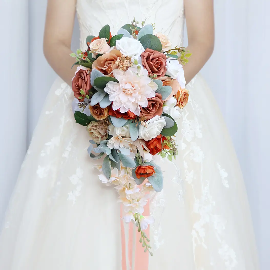 Orange Bridal Water Drops Bouquet Wedding Holding Silk Pink Flowers Artificial Flower Decorative