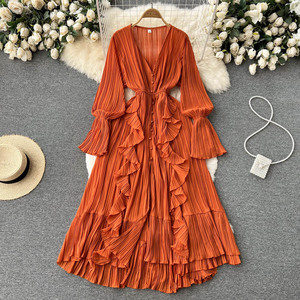2024 vacaciones gasa Vestidos largos <span class=keywords><strong>Mujer</strong></span> hoja de loto encaje cuello en V temperamento plisado cintura volantes vestido Casual para <span class=keywords><strong>mujer</strong></span> - Product Image 2