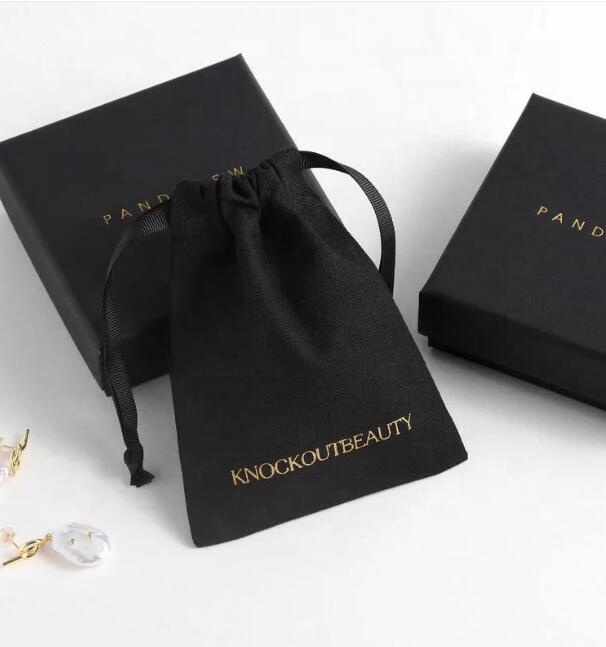 Черный маленький мешок из хлопка и льна на шнурке с принтом логотипа на заказ, мешочек для ювелирных изделий для упаковки сережек и ожерелий
