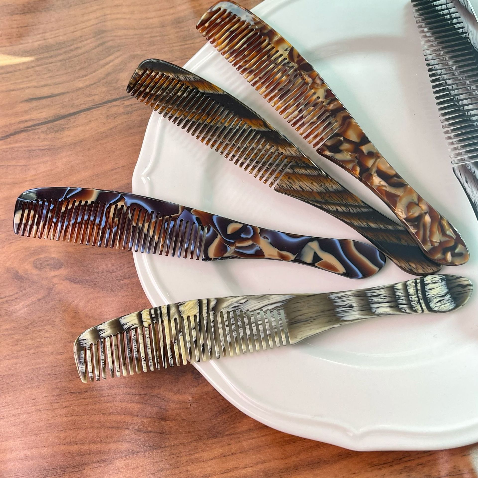 New French-Style Fashion Acetate Long-Handle Portable Anti-Static Ink-Wash Texture Marble Eco Friendly Acetate Hair Comb