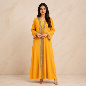 Espléndido Vestido Abaya Kaftan Musulmán para Mujer en Amarillo Sol, Bordado, con Bordes Festoneados, Ideal para Celebraciones - Product Image 1