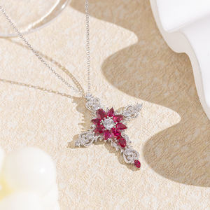 Collar con Colgante de Rubí de Corindón de Laboratorio Esmaltado, Joyería Fina de Plata de Ley, con Baño de Rodio, Estilo Vintage para Fiestas - Product Image 1