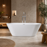 Baignoire autoportante moderne Domo en acrylique écologique avec robinet au sol, ovale blanche, pour salle de bain d'hôtel de luxe