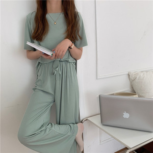 Due pezzi estate nuovi abiti 2025 tinta unita in <span class=keywords><strong>cotone</strong></span> Casual t-shirt pantaloni <span class=keywords><strong>lunghi</strong></span> set da donna - Product Image 2