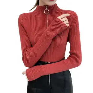 Autumn Korea design women's high collar knitting pullover slim outside long-sleeve O-neck Ring zipper underwear
