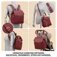 Mochila de Pañales de Cuero Genuino de Lujo, Resistente al Agua y de Gran Capacidad |   Bolsa de Maternidad Color Borgoña Compatible con Cochecito