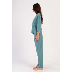 Ensemble de pyjama plissé à col rond et épaules tombantes 3/4 manches avec poches pour femme - Pétrole - Product Image 3