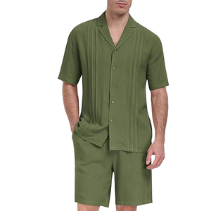 Conjunto de 2 Piezas para Hombre, Informal, Transpirable, de Punto, para Verano, Vacaciones, Playa, Camisa de Manga Corta con Botones y Pantalones - Product Image 2