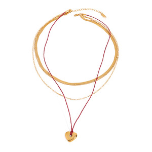 Four Layer Necklace 18K Gold Stainless Steel Blade Chain Flat Bead Chain Waxed Thread Heart Pendant Everyday Wear Unisex - Product Image 1