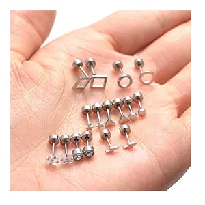 Серьги-гвоздики геометрической формы из нержавеющей стали, маленькие серьги-гвоздики с фианитами в форме сердца, Креста, звезды, треугольника, Луны, шара, хряща с плоским винтом - Product Image 1