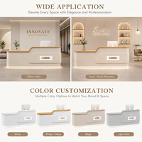 Comptoir de réception moderne et minimaliste en crème avec LED intégrées, logo personnalisé, comptoir avant avec armoire de rangement pour bureau, salon de beauté