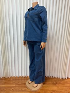 2025 donna europea e americana completo in Denim a maniche lunghe <span class=keywords><strong>con</strong></span> risvolto e cravatta <span class=keywords><strong>pantaloni</strong></span> a gamba dritta Set due pezzi - Product Image 5