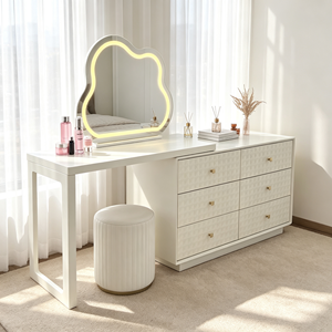 Coiffeuse moderne blanche avec miroir LED Cloud, meuble de rangement et tabouret pour chambre à coucher - Product Image 4