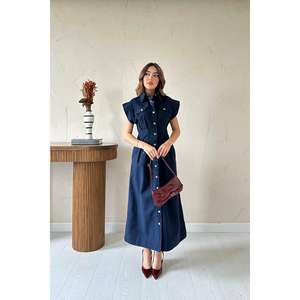 ชุดเดรสผ้ากาบาร์ดีนสีน้ำเงินกรมท่า ปกคอปกแบบพับได้ ทรงตรง สวมใส่สบาย เหมาะสำหรับทำงาน เอวทรงธรรมชาติ ผ้าทอ - Product Image 1