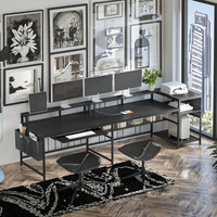 Bureau de jeu en forme de L réglable avec rangement, éclairage LED et prise de courant, finition en acier noir et blanc