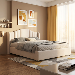 <span class=keywords><strong>Letto</strong></span> con <span class=keywords><strong>Testiera</strong></span> Curva Imbottita in Velluto, Multipannello a Strisce Verticali, Colore Crema Beige, per Arredamento Minimalista - Product Image 3