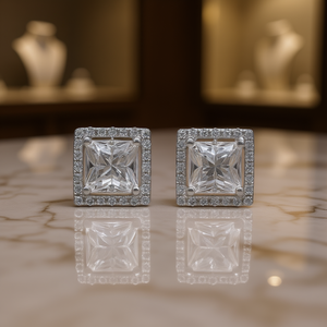 Orecchini a lobo classici in oro bianco con zirconi taglio Princess, design geometrico, montatura a griffe, gioielli da fidanzamento da donna - Product Image 2