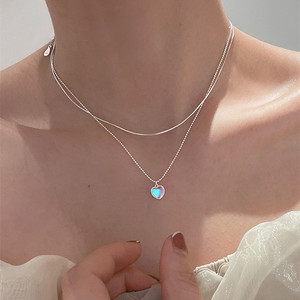 Moonstone Heart Pendant Double Layer Necklace For Women Simple Minimalist Clavicle Chain Gift Jewelry - Product Image 1