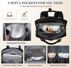 Mochila Pañalera, Bolsa de Bebé con 15 Bolsillos, Bolso de Viaje para Niñ<span class=keywords><strong>a</strong></span> o Niño con Bolsillo Térmico, Linda Bolsa de Pañales con Correas para Cochecito - Product Image 6