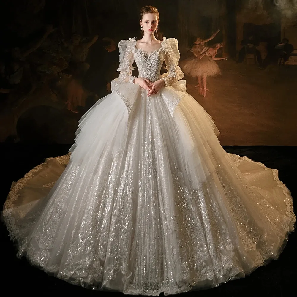 Элегантный популярный дизайн свадебных платьев из органзы с V-образным вырезом и длинными рукавами