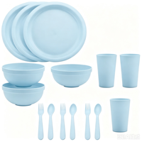 Ensemble de vaisselle incassable en plastique bleu, 15 pièces, réutilisable, assiettes, bols, tasses, fourchettes, cuillères pour enfants, pour un usage quotidien à la maison