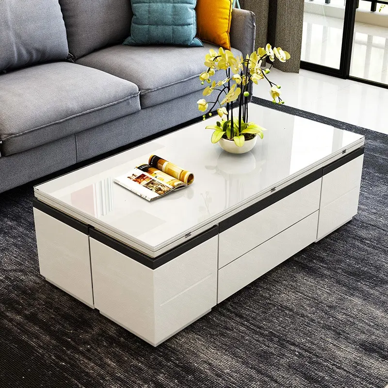 Multifunction Modern Home Furniture White Tempered Glass Folding Living Room Lifting Coffee Table