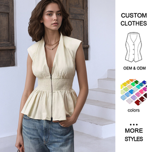 ファッションノースリーブディープ V ジッパープリーツトップスコンビネーションウエストタイトデザインポリエステル女性のベストスーツ用エレガント通気性 - Product Image 1