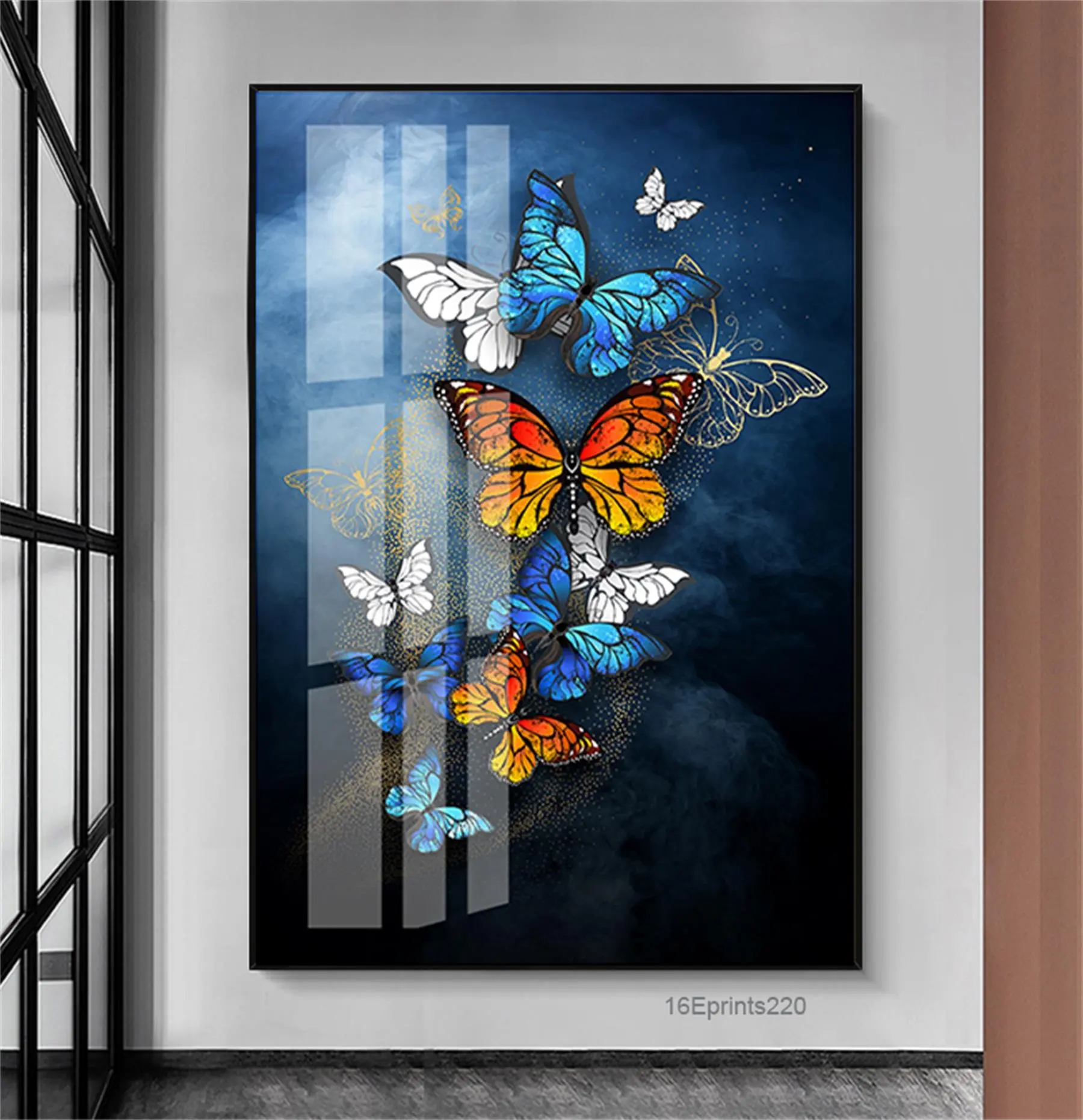 Wholesale Hand Work Glass Crystal Porcelain Paintings Golden Butterfly Custom Wall Art Animal Printed Painting