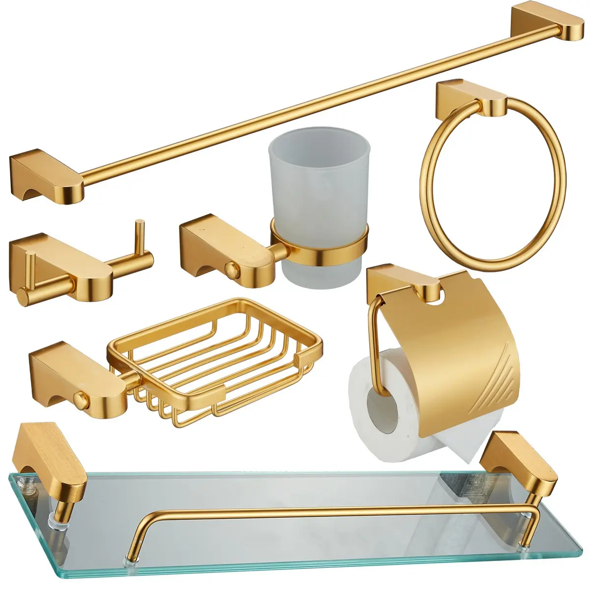 Hotel Bathroom Hardware Fittings OEM/ODM Antique Golden 7 Piece Set Include Glass Shelves Bathroom Towel Rack Holder Set
