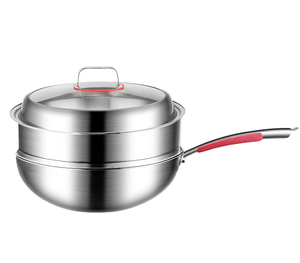 Juego de Wok antiadherente 304SS, mango de Metal resistente al calor, estufa de Gas de freidora profunda de <span class=keywords><strong>3</strong></span> capas, utensilios de cocina compatibles con tapa de vidrio templado de varios tamaños para - Product Image 1