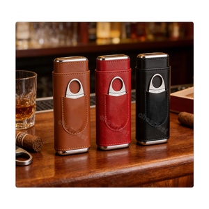 Étui à cigares portable en <span class=keywords><strong>cuir</strong></span> PU, étui à cigares d'extérieur, étui de voyage avec coupe-cigares en acier inoxydable argenté, cadeau idéal pour les hommes - Product Image 2