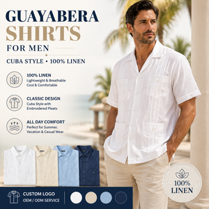 Camisas Guayaberas para Hombre, Lino Cubano 100%, Manga Corta, 4 Bolsillos, Camisa Cubana Transpirable, Informal de Verano, con Logotipo Personalizado, Ropa de Resort - Product Image 1