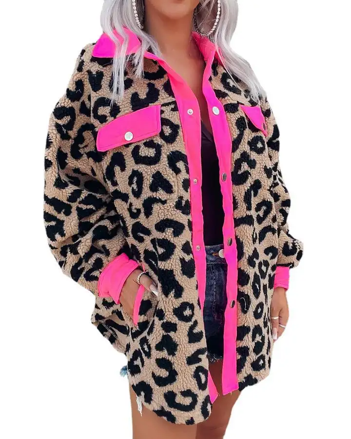 Fangxin Hot Selling Streetwear Long Sleeve Shacket Jacket Coat Women Plush Pink Leopard Long Fleece Coat