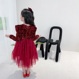 Girl Velvet Luxury <b>Sequin</b> Puffy Dress Kids Long-sleeved Princess Party Dress With Headdress - Product Image 3