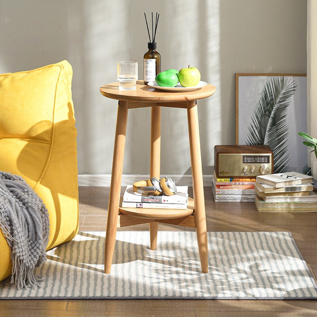 Creative Modern Sofa Side Table with Small Round Wood Tabletop Cream-colored Double-layer Design for Living Room