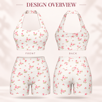Set Yoga Wanita untuk Olahraga di Gym, Motif Bunga di Seluruh Bagian, Bra Halter, Celana Pendek Pengontrol Perut, Pilates, Kain Daur Ulang, Elastisitas Tinggi