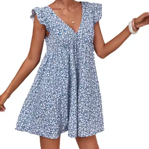 Vestido feminino floral, babado buraco de braço vestidos casuais de verão elegantes 2022