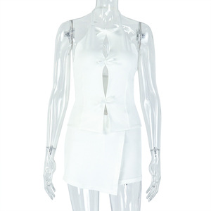 Solid Color Wholesale Summer Halter Sleeveless Hollow Out Top Skirt 2 Pieces <b>Set</b> for Women Fashion - Product Image 6