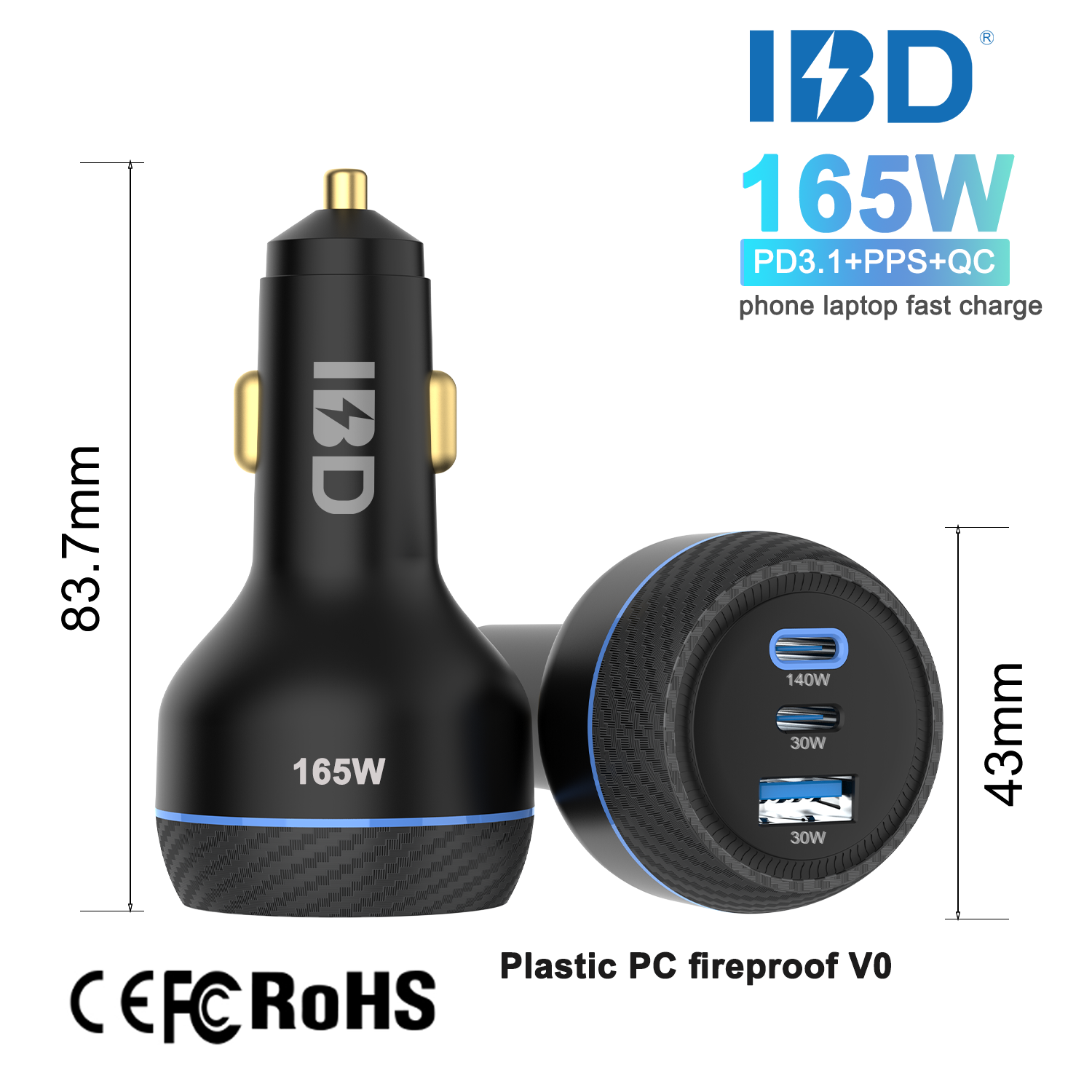 Black Plastic 165W Fast car charger