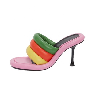 New Trend Women's Puffy Upper Sandals Thin Heels Stiletto Color Block <b>Shoes</b> Summer Slip-on Dress Mules Outdoor Slippers - Product Image 3