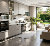 Ensemble de meubles de cuisine modernes avec armoires gris clair, étagères en verre avec éclairage LED, four encastré et crédence en carreaux de métro