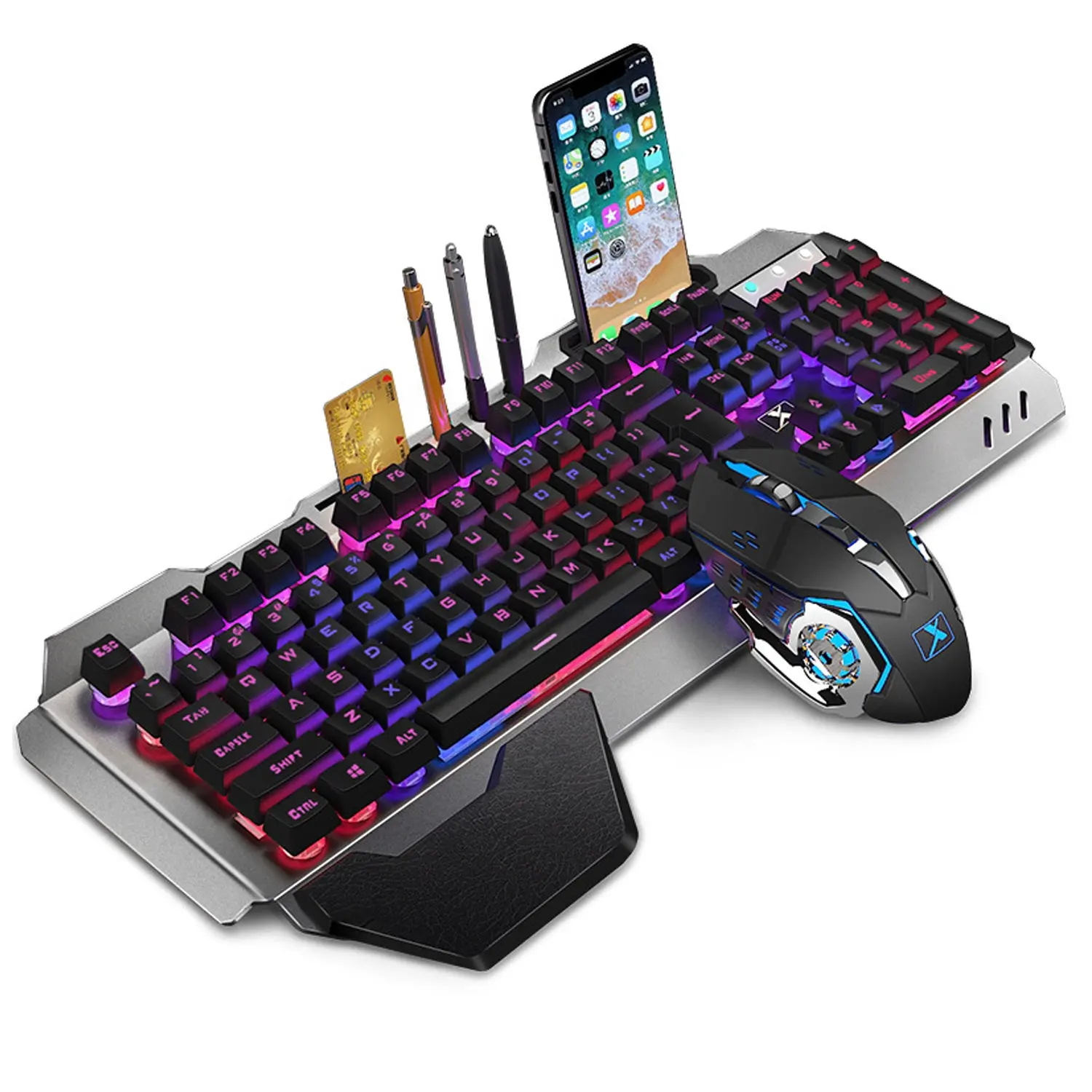 Rgb Led Backlit Mechanical Feel Wireless Gaming Keyboard Mouse Combos With Hand Rest Phone Holder For Computer Gamer Office