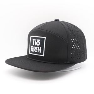 High Quality 7-Panel <b>Flat</b> Bill Baseball Cap Unisex Waterproof Performance Sporty Laser Cut <b>Hat</b> with Rubber Logo Black Color - Product Image 2