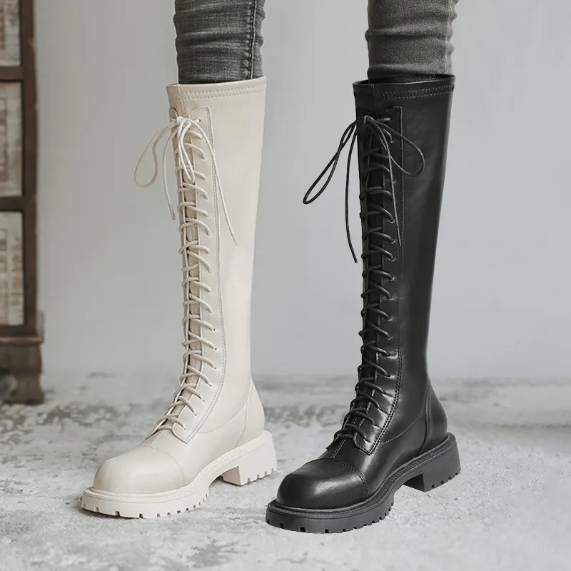 Inverno New Fashion marrone nero bianco Lady Boot microfibra pelle tacco basso Flat Lace Up stivali lunghi al ginocchio da donna per donna