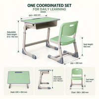 Ensemble chaise et bureau d'étudiant, hauteur d'assise 450 mm, plateau en MDF E1 de 18 mm, coque moulée en HDPE, structure en tube carré en acier, boîte à livres