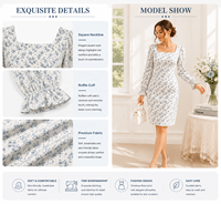 Robe midi crayon décontractée pour femme en mousseline blanche à motif floral bleu clair, col carré, manches bouffantes ajustées et poignets à volants