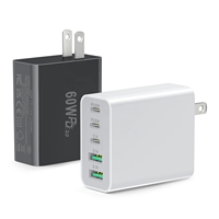 Chargeur rapide HNT 60W GaN 5-en-1 PD3.0 QC, chargeur mural 3 ports Type-C 2 ports USB-A, adaptateur de voyage portable, source d'usine pour smartphone