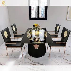 Juego de mesa de comedor de 6 plazas moderno grande italiano dorado negro de lujo piedra sinterizada comedor clásico muebles de sala mesa de comedor